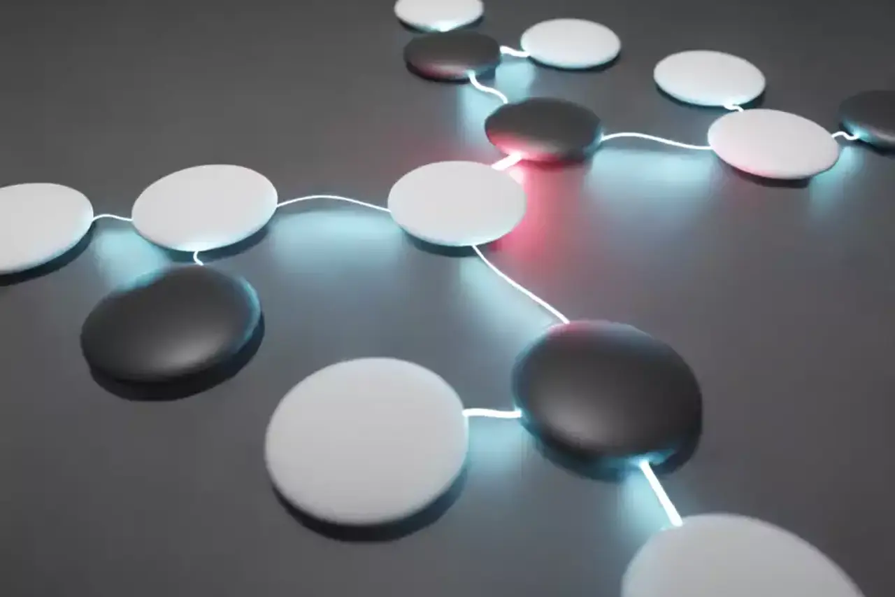 Quantum mechanical graph states are here visualised as GO stones for the qubits, which are entangled with each other via the illuminated 