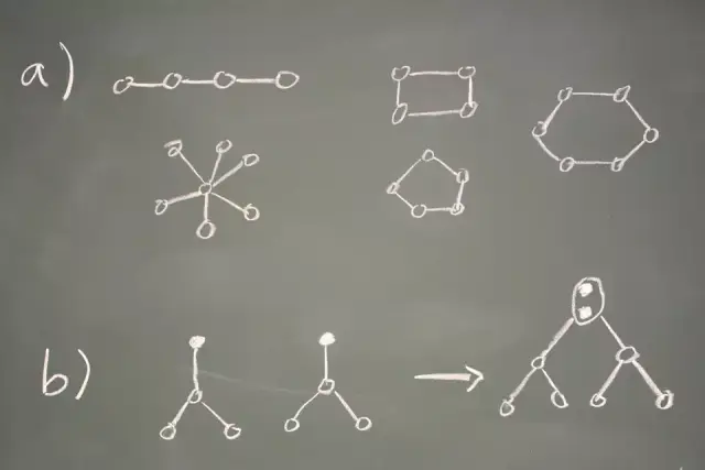 Graph a) shows the two one-dimensional graph states chain (linear cluster) and star on the left, one above the other, and the two-dimensional graph states box and two variants of the ring on the right; circles/nodes: qubits, lines: entanglements. Graph b) shows how both atoms (filled circles, top) that are entangled with photons (empty circles) are entangled to form a tree by application of a fusion gate (ring around the atoms).