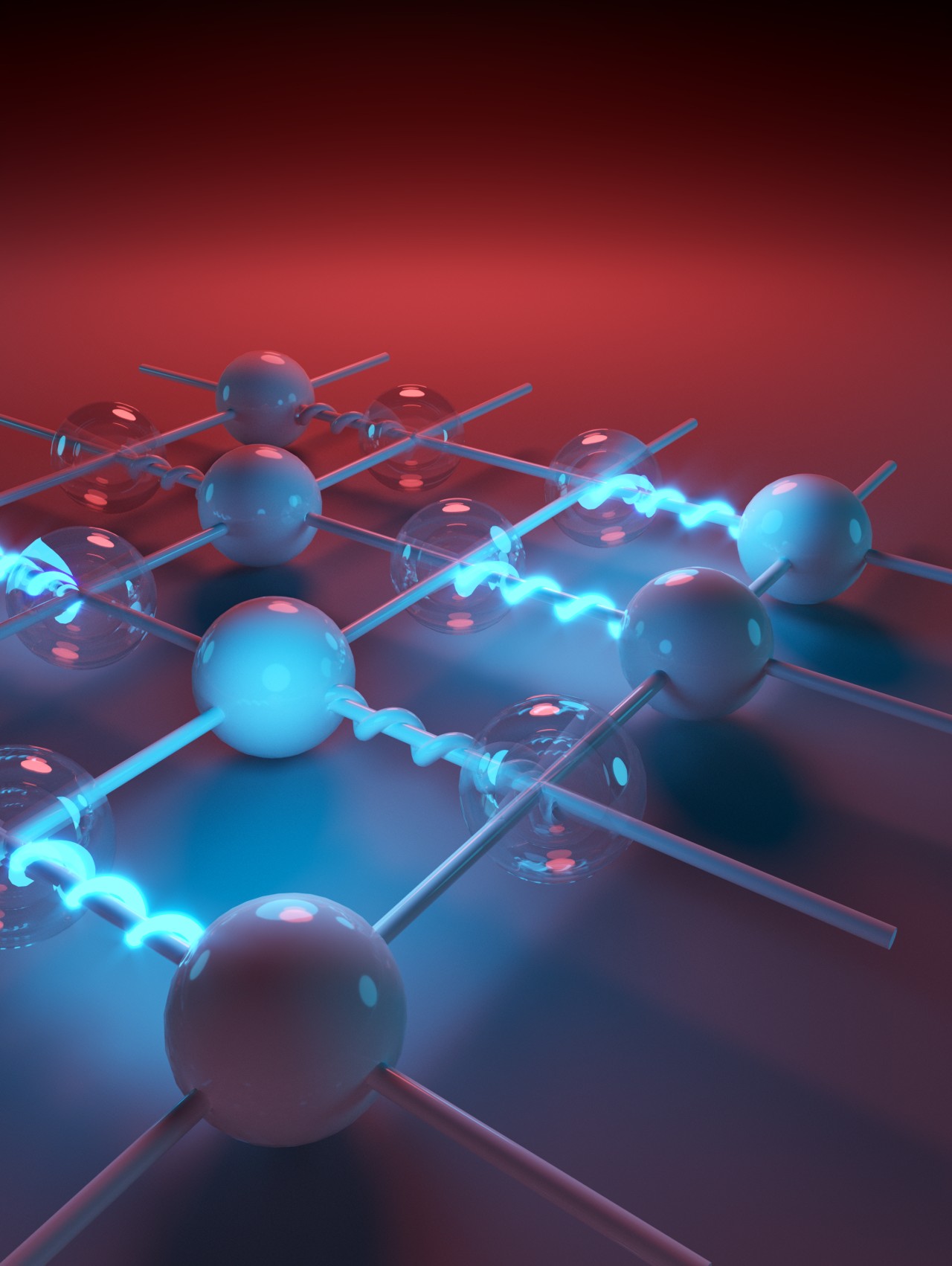 Artistic representation of a simulation of fundamental interactions with ultracold atoms.